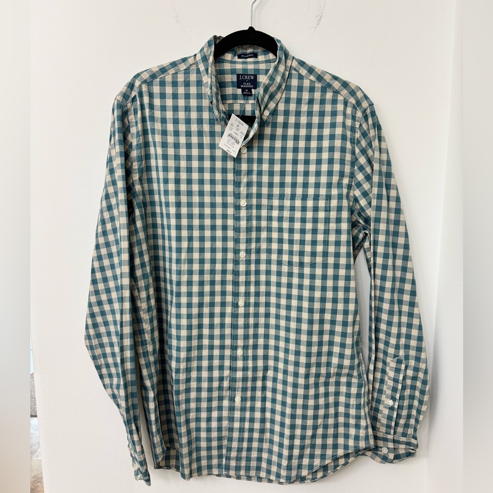 J. Crew Men’s Teal and White Gingham Button-Down Shirt